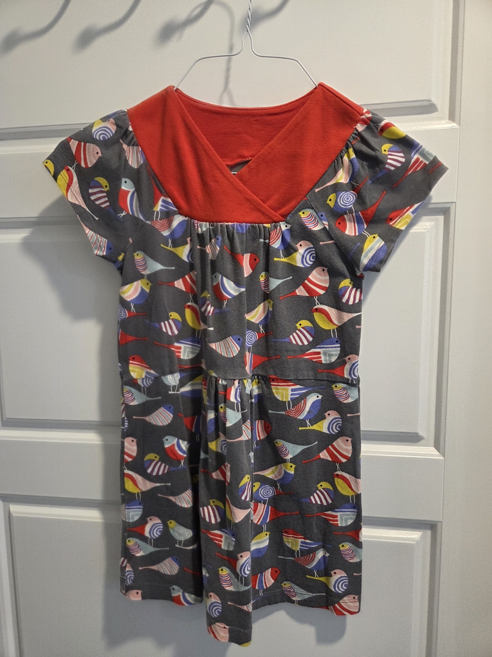 Tea Collection Gray Dress with Red, Yellow, Blue & Pink Bird Print